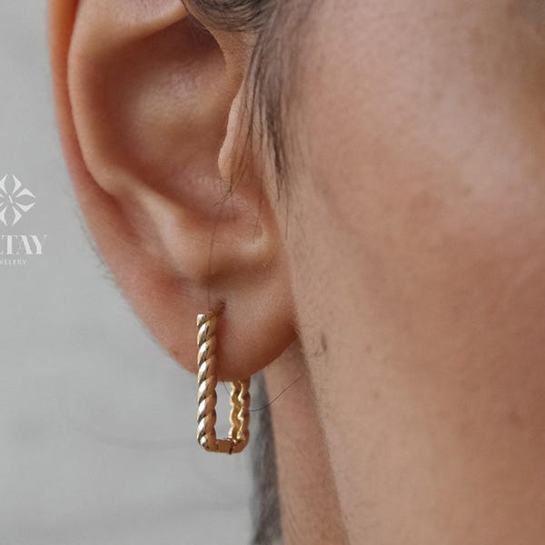 14K Gold Rectangle Rope Earrings, Twisted Stone Hoop Earrings, Tiny Spiral Dainty Earring, Dainty Delicate Gift For Her, Mothers Day Gift