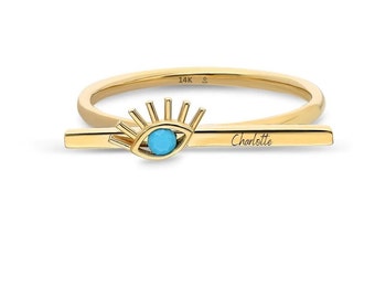 14K Gold Evil Eye Bar Ring, Personalized Name Ring, Custom Rectangle Ring, Stackable Dainty Ring, Engraved Turquoise Ring, Good Luck Symbol