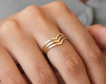 14K Gold Triple Chevron Ring, V Ring, Gold Curved Band, Chevron Stackable Knuckle Ring, Stacking Nesting Band, Minimalist Matching Ring