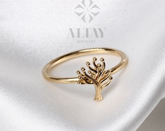 14K Gold Tree Ring, Tree of Life Ring, Family Tree Ring, Tree of Life Ring Band, Engraved Tree Statement Bush Band, Bridesmaid Gift for Her