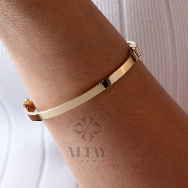 14K Gold Hinged Gold Bracelet, Custom Gold Bangle, 4mm 5mm 7mm Wide Bracelet, Personalized Gold Bangle, Stacking Gold Cuff, Engraved Bangle