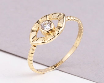 14K Gold Minimal Evil Eye Ring, Minimalist Pointer Ring, Third Eye Ring, Religious Jewelry, Dainty Protection Ring, Good Luck Band Ring