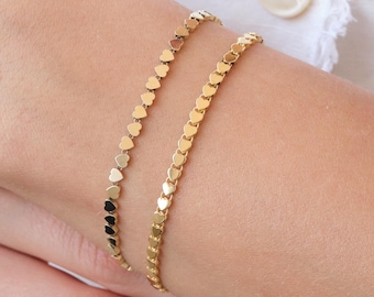 14K Gold Heart Bracelet, 3mm Minimal Dainty Gold Bracelet, Heart Charm Jewelry Gift for Her