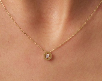 14K Gold Solitaire Necklace, Hexagon Cz Diamond Solitaire Pendant, Layering Gold Necklace, Single Stone Necklace, Geometric Necklace
