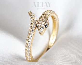 14K Gold Snake Ring, Snake Band, Open Serpent Jewelry, Dainty Stacking Animal Rings, CZ Snake Style Ring, Open Band Statement Wrap Ring