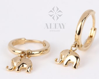 14K Solid Gold Elephant Earring, Huggie Gold Earring, Animal Hoop Gold Earring, Minimalist Hoop Earring, Good Fortune Symbol, Gift for Her