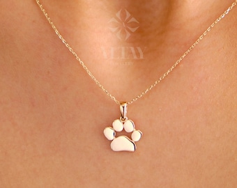 14K Gold Paw Print Necklace, Puppy Paw Pendant, Small Dog Cat Lover Charm Pendant, Engraved Initial Choker, Personalized Memorial Gift