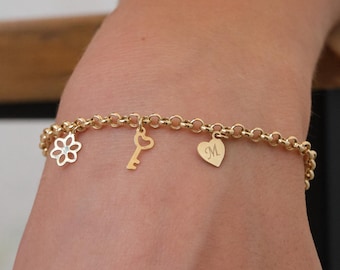 14K Gold Charm Bracelet, Initial Heart Charm Bracelet, Dainty Gold Chain Bracelet with Key Charm, Personalized Gold Jewelry Gift