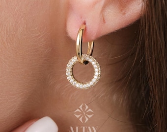 14K Gold Dangling Drop Earrings, Cz Diamond Earrings, Cartilage Upper Earlobe, Small Huggie Hoops, Bridal Earrings, Anniversary Gift