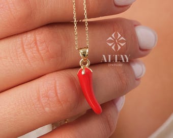 14K Gold Red Horn Necklace, Italian Cornicello Amulet, Chili Pepper Pendant, Lucky Talisman Jewelry, Evil Eye Protection Gift