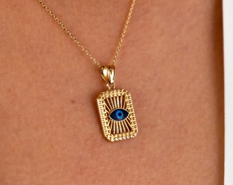 14K Evil Eye Necklace, Rectangle Evil Eye Pendant, Square Block Hamsa Pendant, Evil Eye Medallion, Gold Necklace for Women, Luck Necklace