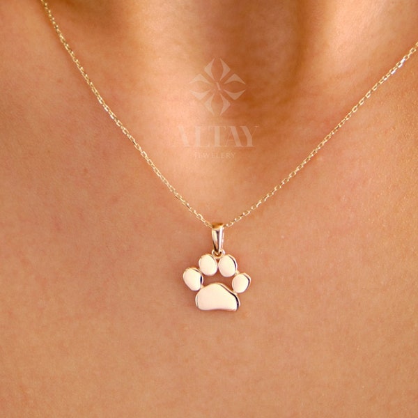 14K Gold Pfotenabdruck Halskette, Welpenpfoten Anhänger, kleiner Hund Katzenliebhaber Charm Anhänger, gravierter Initial-Halsband, personalisiertes Erinnerungsgeschenk