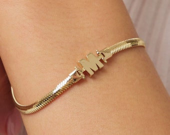 14K Gold Snake Chain Initial Bracelet, 2.5mm Herringbone Bracelet, Name Letter Bracelet, Handmade Snake Bracelet, Layering Gold Bracelet