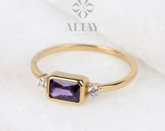 14K Gold Amethyst Ring, Emerald Cut Purple Stone Ring, Dainty Real Gold Birthstone Ring, Minimal Diamond Accent Band, Gift for Her