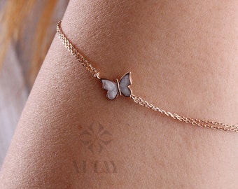 14K Gold White Enamel Butterfly Bracelet, Dainty Gold Butterfly Bracelet, Minimalist Jewelry, Stacking Bracelet, Gift for Her