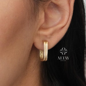 14K Gold Ribbed Rectangle Earrings, Oblong Rectangle Hoop Earrings, Chunky Rectangle Earrings, Minimalist Huggie, Rectangle Geometric Link
