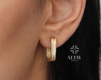 14K Gold Ribbed Rectangle Earrings, Oblong Rectangle Hoop Earrings, Chunky Rectangle Earrings, Minimalist Huggie, Rectangle Geometric Link