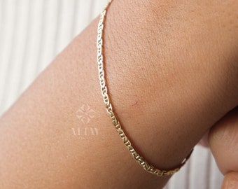 14K Gold Mariner Chain Bracelet, 2mm Anchor Link Bracelet, Flat Mariner Link, Minimalist Stacking Gold Bracelet for Women