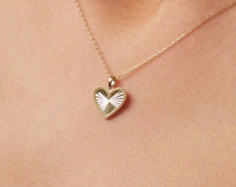 14K Gold Heart Necklace, Small Heart Necklace, Mini Textured Heart Charm, Sparkle Gold Heart Charm, Love Pendant Necklace, Gift for Her