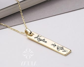 14K Gold Birth Flower Tag Necklace, Gold Bar Tag Pendant, Custom Engraved Birth flower Necklace, Floral Dainty Charm, Flower Birth Month