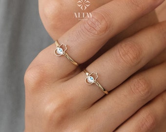 14K Gold Hamsa Hand Ring, Hand of Fatima, Gold Protection Ring, Minimalist Pinky Ring Women, Third Eye Band Ring, Handmade Gift