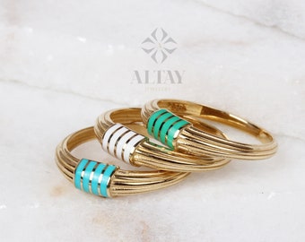 14K Solid Gold Dome Twist Ring, Croissant Enamel Dome Ring, Statement Ring, Straight Line Ring, Jewelry, Minimalist, Gift For Her, Real Gold