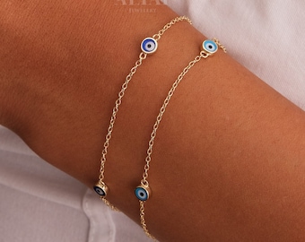14K Gold Evil Eye Bracelet, Gold Chain Bracelet, Evil Eye Charm Bracelet, Minimalist Jewelry, Dainty Layering Evil Eye, Gift for Her