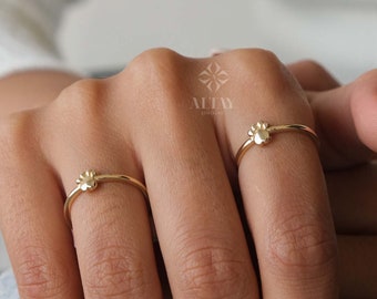 14K Gold Paw Print Ring, Puppy Paw Ring, Small Dog Cat Lover Charm Ring, Engraved Initial Stacking Band Ring, Personalized Memorial Gift