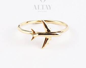 14K Solid Gold Airplane Ring, Aviation Gifts, Plane Gold Ring, Female Pilot Gift, Travel Ring, Minimal Flight Attendant Ring, Gift for Her
