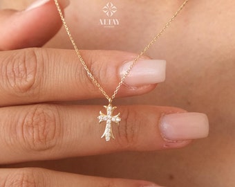 14K Gold Cross Necklace, White Stone Crucifix Pendant Chain, Jesus Christ Religious Jewelry, Dainty Cross Charm, Christian Gift, Christmas
