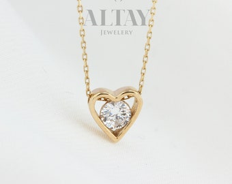 14K Gold Diamond Heart Necklace, Diamond Dainty Pendant, Small Love Charm, Meaningful Necklace, Gift for Her, Good Fortune Symbol, Delicate