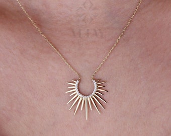 14K Gold Sunburst Necklace, Spikey Gold Sun Pendant, Celestial Layering Choker, Crescent Necklace, Semicircle Dainty Charm, Gift For Her