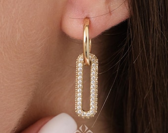 14K Gold Rectangle Earrings, Cz Diamond Hoop Earrings, Tiny Drop Dainty Earring, Dainty Delicate Huggie Gift For Her, Mothers Day Gift