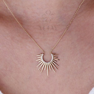 14K Gold Sunburst Necklace, Spikey Gold Sun Pendant, Celestial Layering Choker, Crescent Necklace, Semicircle Dainty Charm, Gift For Her