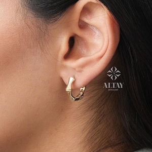 14K Gold Bamboo Earrings, Thick Bamboo Hoop Earrings, Small Hoop Earrings, Huggie Hoop, Modern Hoop, Chunky Gold Hoop, Gift For Wife