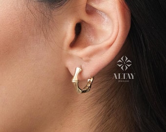 14K Gold Bamboo Earrings, Thick Bamboo Hoop Earrings, Small Hoop Earrings, Huggie Hoop, Modern Hoop, Chunky Gold Hoop, Gift For Wife