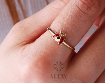 14K Gold Ladybug Ring, Ladybird Ring, Cute Animal Jewelry, Red Enamel, Good Luck Ring, Gold Dainty Stacking Ring, Christmas Gift For Her