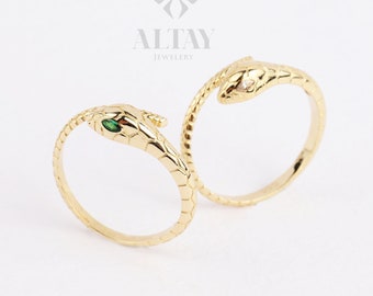 14K Gold Snake Ring, Dainty Serpent Ring, Birthstone Eyes, Stacking Animal Rings, Wrap Around Gemstone Statement Ring, Snake Style Gold Ring