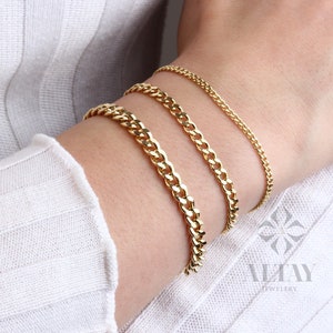 Pulsera de eslabón cubano de oro de 14K, cadena de capas de bordillo de 2 mm, 3 mm y 4 mm, eslabón audaz cubano de Miami, pulsera apilable, pulsera unisex, regalo para ella