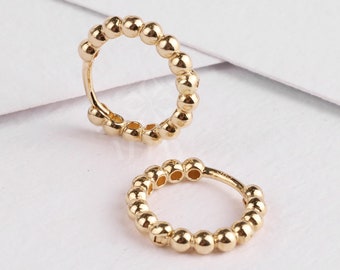 14K Gold Beaded Huggie Hoops, Tiny Bead Huggie Hoops, Bold Statement Earrings, Dainty Gold Ball Hoops, Minimalist Helix Piercing Hoops