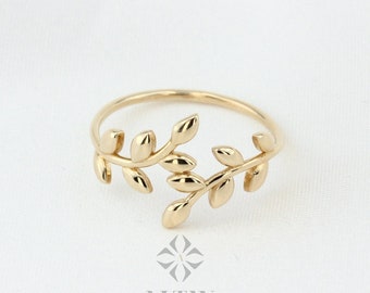 14K Gold Leaf Ring, Olive Leaf Ring, Botanical Wedding Ring, Dainty Floral Ring, Unique Stacking Nature Ring, Eternity Vine Band Branch Ring