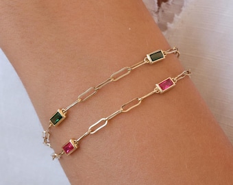 14K Gold Paperclip Chain Bracelet, Gemstone Link Bracelet, Dainty Gold Bracelet, Minimal Everyday Gold Jewelry Gift for Her