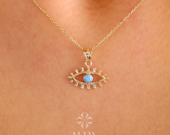 14K Solid Gold Evil Eye Necklace, Eyelash Charm Pendant, Turquoise Stone Charm, Good Luck Protection Symbol, Dainty Necklace, Gift For Her