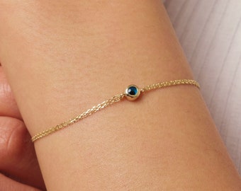 14K Gold Evil Eye Bracelet, Evil Eye Charm Bracelet, Gold Cable Chain Bracelet, Minimalist Everyday Protective Jewelry, Gift For Wife