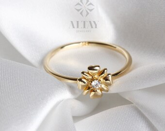 14K Solid Gold Flower Ring, Dainty Ring, Minimalist Ring, Tiny Ring, Stackable Cz Ring, Gold Stacking Ring, Chic Ring, Gift for Her