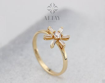 14K Solid Gold Flower Ring, Baguette Stackable Band, CZ Diamond Statement Ring, Dainty Daisy Ring, Promise Ring, Engagement Ring, Gift