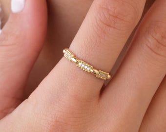 14K Gold CZ Bar Ring, Dainty Bar Station Ring, Minimal Pavé Gold Ring, Thin Everyday Gold Ring, Stacking Ring Gift for Her