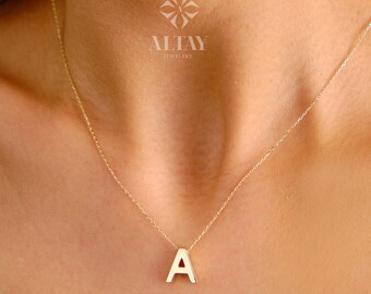 14K Solid Gold Initial Necklace, Letter Pendant Choker, Minimal Letter Charm, Name Necklace, Dainty, Personalized Pendant, Gift For Wife