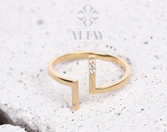 14K Gold T Bar Open Ring, Cuff Band Ring, T Paralel Ring, Parallel T Ring, Adjustable Stacking Ring, Double T Bar Ring, Gift For Mom