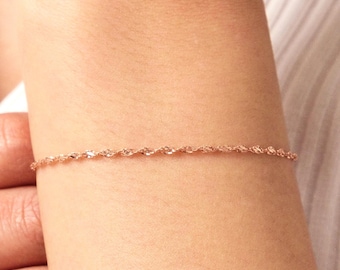 14K Gold Singapore Chain Bracelet, 1.2mm Twisted Gold Bracelet, Shiny Minimal Gold Jewelry, Stacking Bracelet Gift